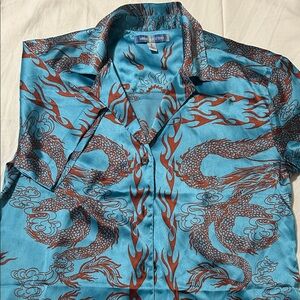 UO Turquoise and Rust Dragon Print Men's Shirt